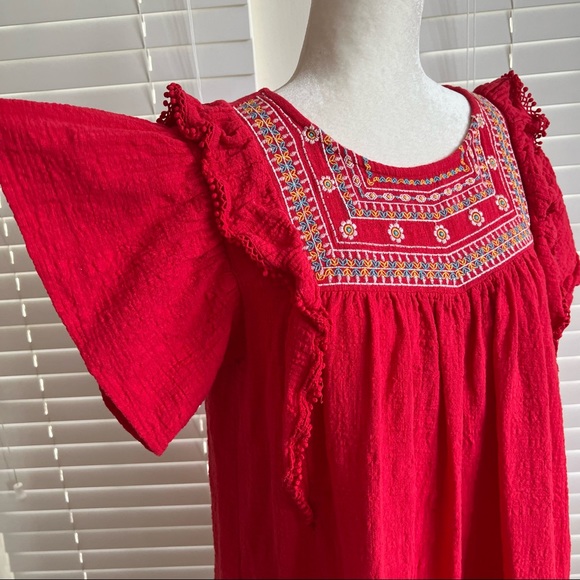 Umgee Size Small Red Floral Mini Summer Bohemian Dress Bell Sleeve Cottagecore - Picture 10 of 13